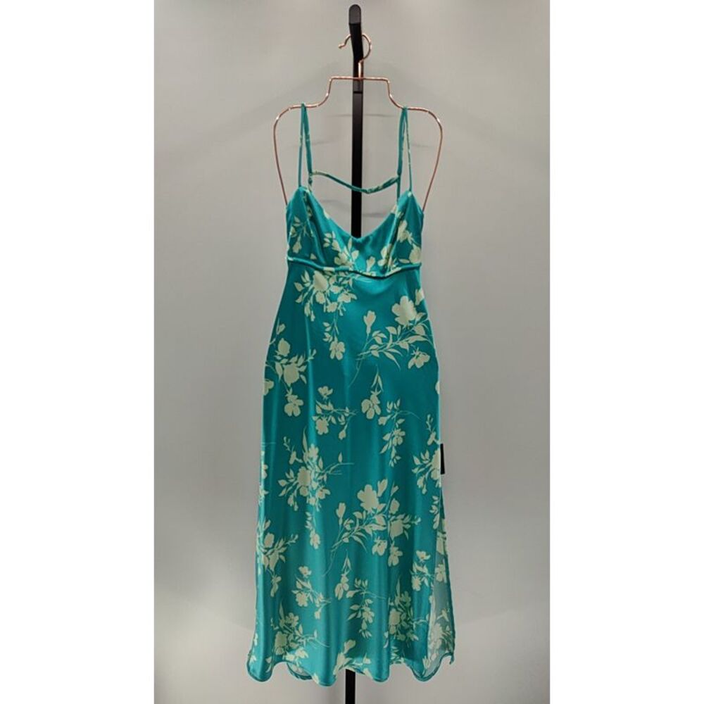 Lulu's Teal Satin Floral Slip Midi Dress with Cream Blooms